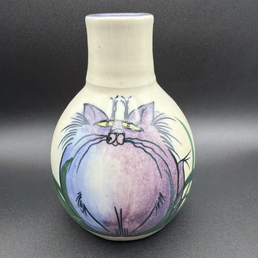VTG Moonfire Pottery Signed Hand Painted Cat Bud Weed Vase Studio Art Delffs '96